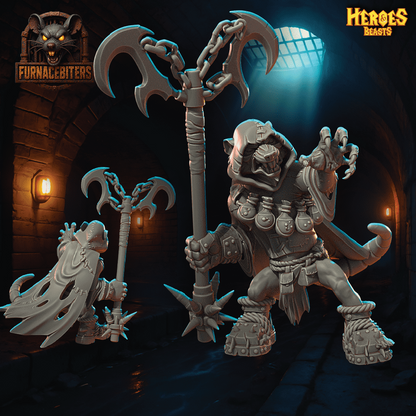 Two fantasy figurines with large weapons in a dark, dungeon-like setting with 'Heroes & Beasts' branding.