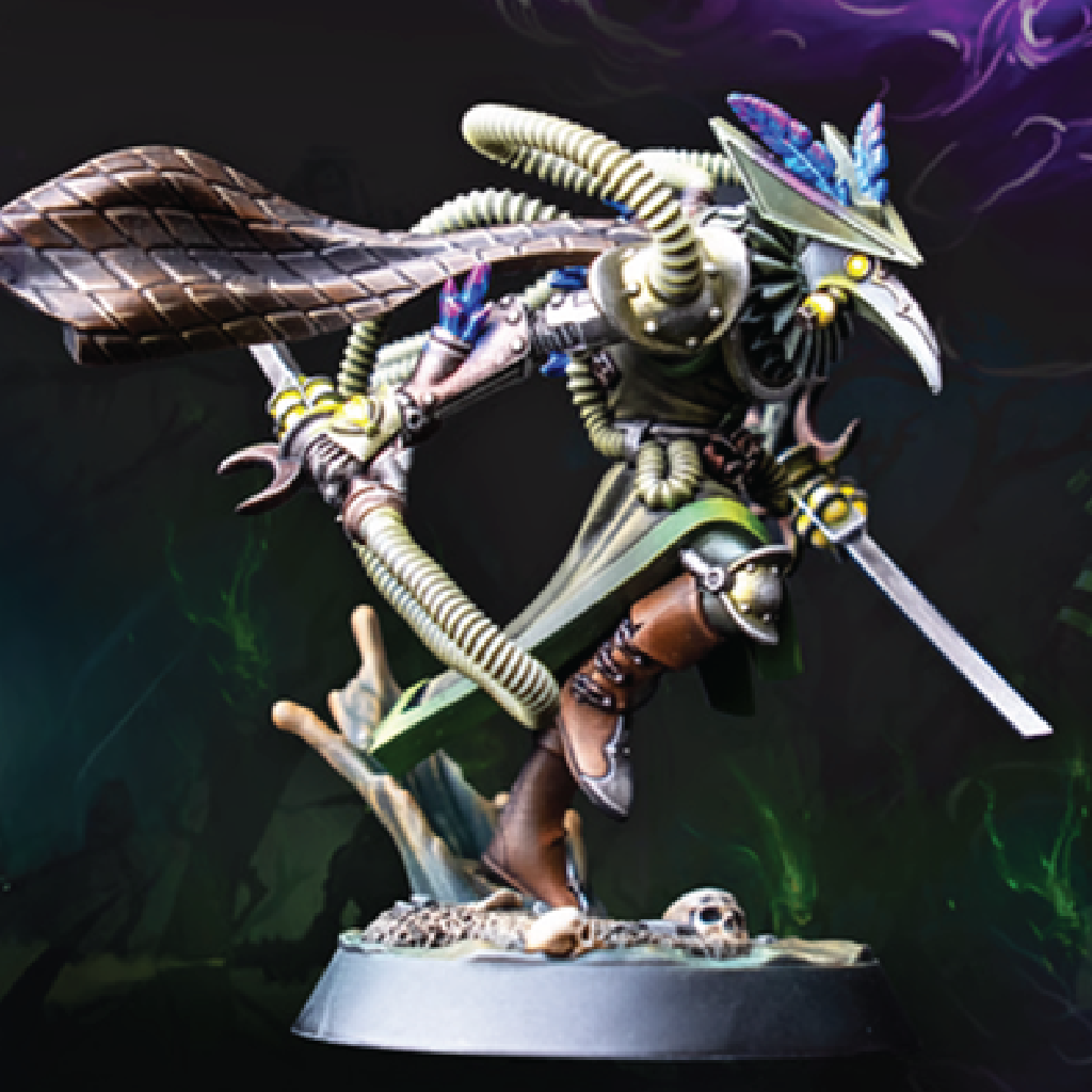 Fantasy figurine with a large weapon on a dark background