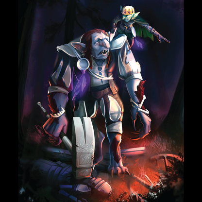 Fantasy illustration of a creature with a crown and armor in a dark, mystical setting.