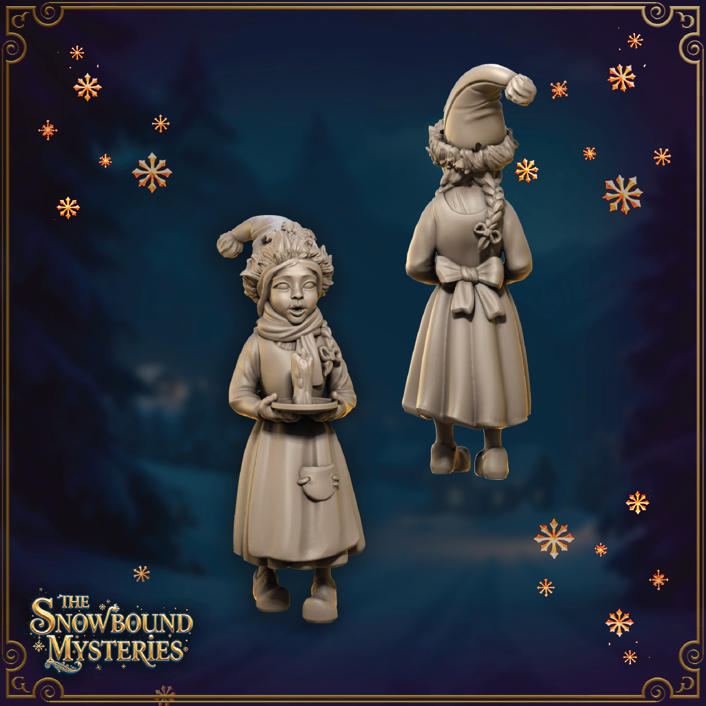 A render of a 3D model of a young girl Christmas caroler holding a candle and standing in winter clothing as she sings.