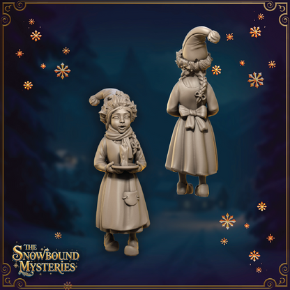 A render of a 3D model of a young girl Christmas caroler holding a candle and standing in winter clothing as she sings.