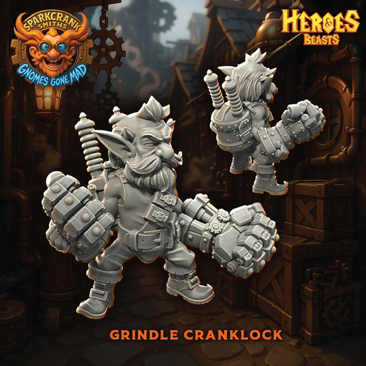 Toy figure of a goblin-like character with mechanical parts, set against a dark background with 'Heroes & Beasts' branding.