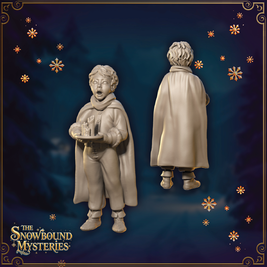 A render of a 3D model of a young male Christmas caroler holding a candle and standing in winter clothing as he sings.