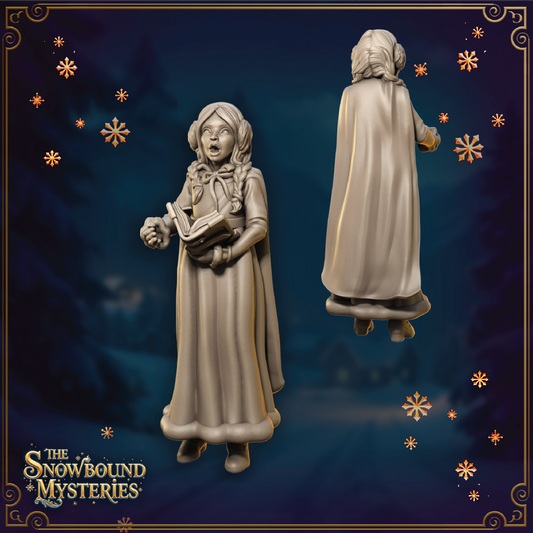 A render of a 3D model of a young girl Christmas caroler holding a hymnal and standing in winter clothing as she sings.