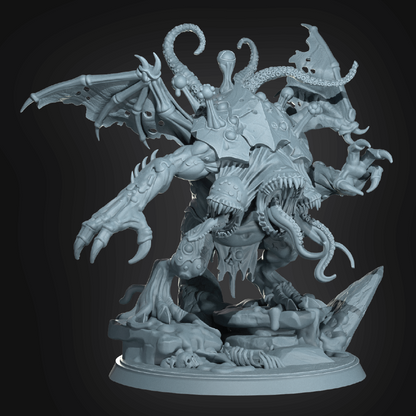 Gray fantasy figurine with detailed wings and tentacles on a dark background