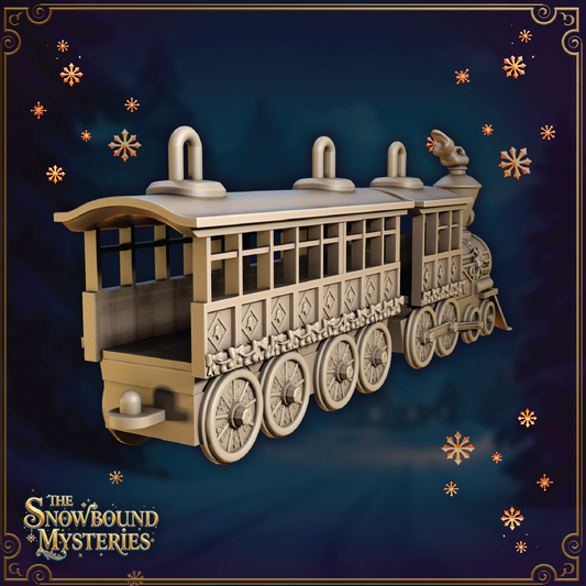 A render of a 3D model of a Christmas holiday train. The locomotive has smoke coming out of the smokestack and has snowflakes embossed on its side. A passenger car is pulled behind the locomotive with ribbons decorating the outside.