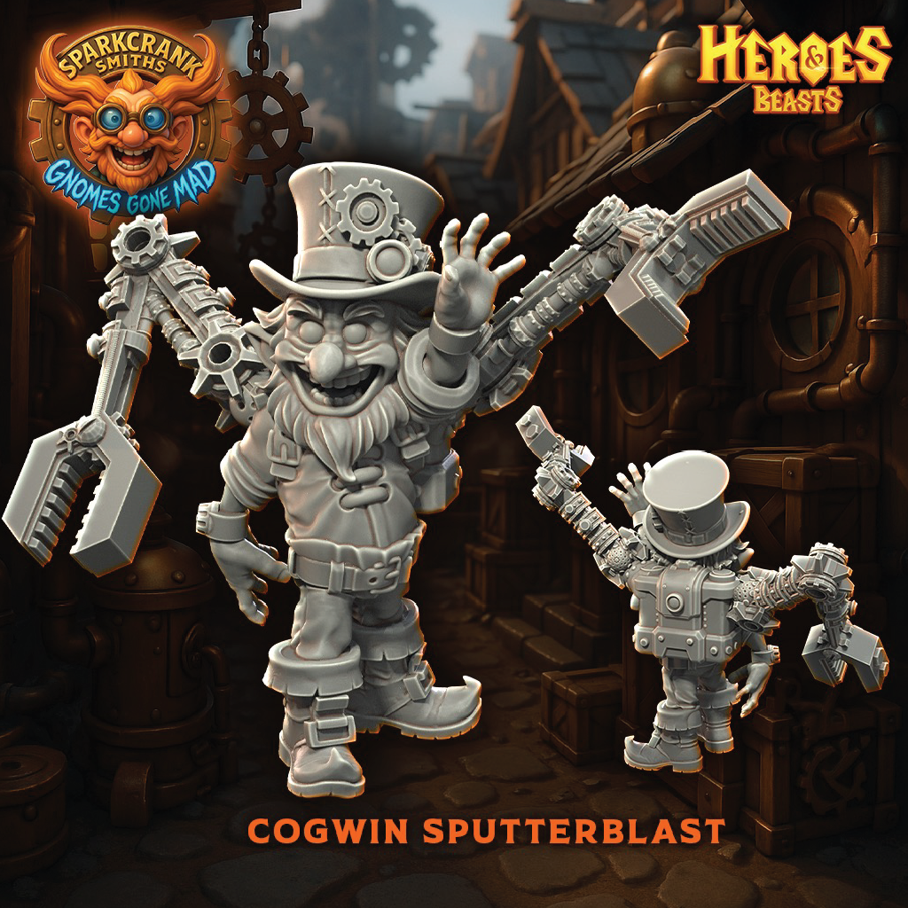 A render of a gnome tinkerer wearing a set of mechanical arms on his back