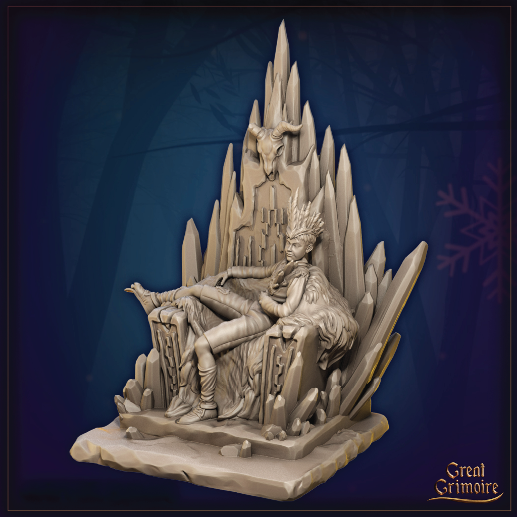 Statue of a figure sitting on a throne with a fantasy castle in the background against a dark blue background.