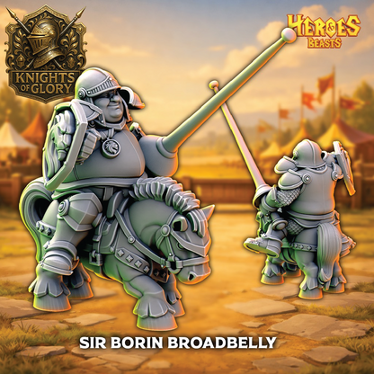 Gray renders of Sir Borin Broadbelly front and back on a tourney field