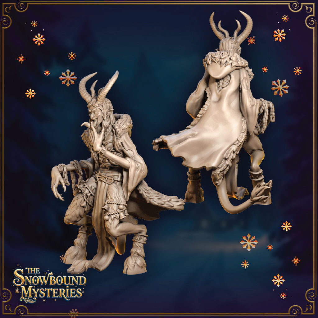 A render of a 3D model of a female Krampus miniature. The figure wears a tattered cloak over its fur, has curved horns, cloven hooves, and various bells and chains attached to its garments.