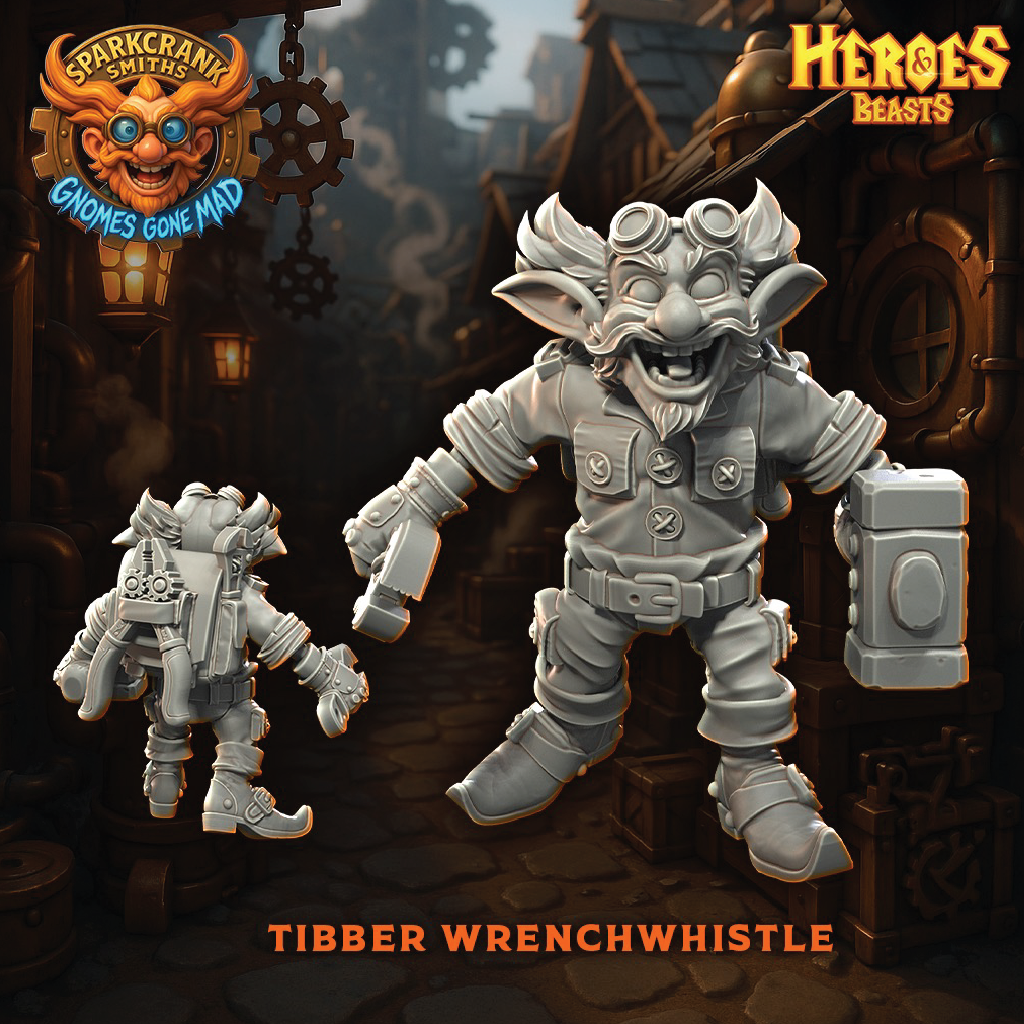 Two goblin-like figures with a sign and 'Heroes & Beasts' branding in a dark, fantasy setting.