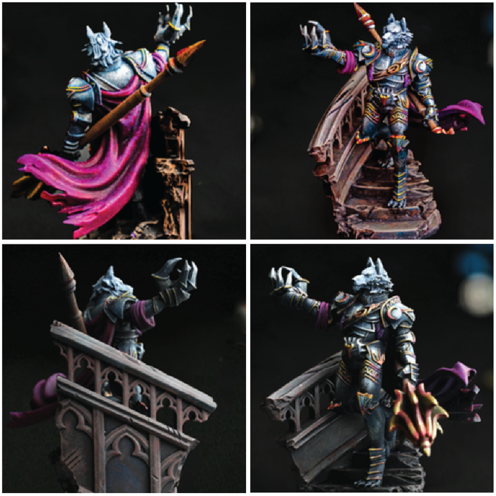 Collage of a detailed fantasy figurine with armor and weapons on a dark background