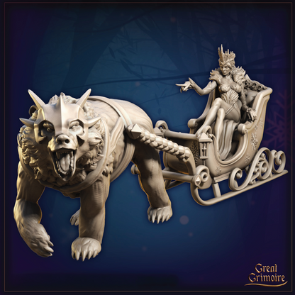 A render of an Ice Queen seated in a sleigh being pulled by an armored polar bear.