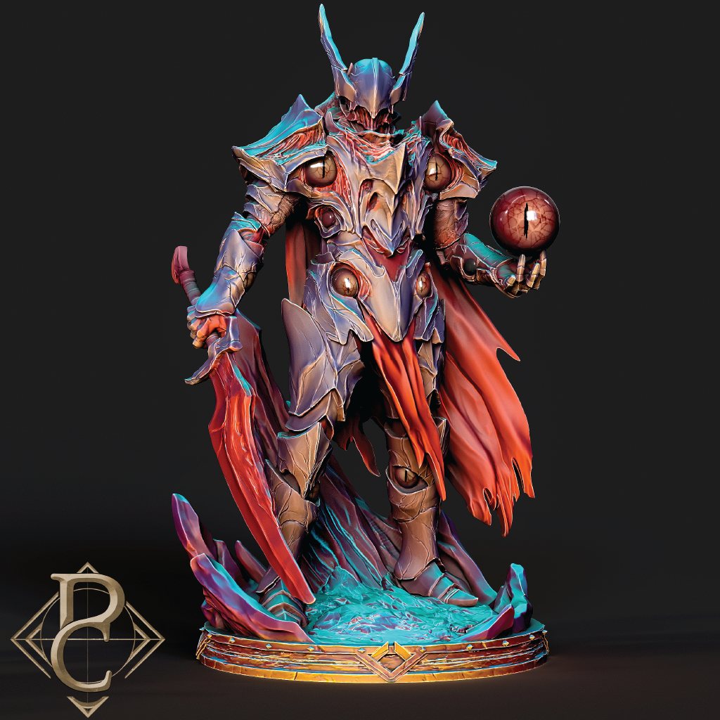 Detailed fantasy statue with armor and cape on a dark background