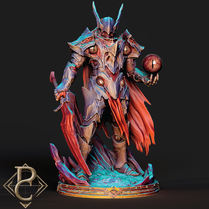 Detailed fantasy statue with armor and cape on a dark background