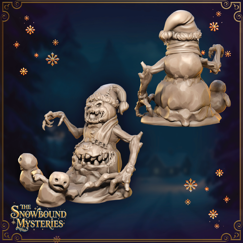 A cursed snowman miniature with small snowman minions.