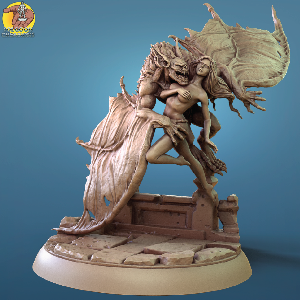 Statue of a dragon and a woman on a stone platform with a blue gradient background