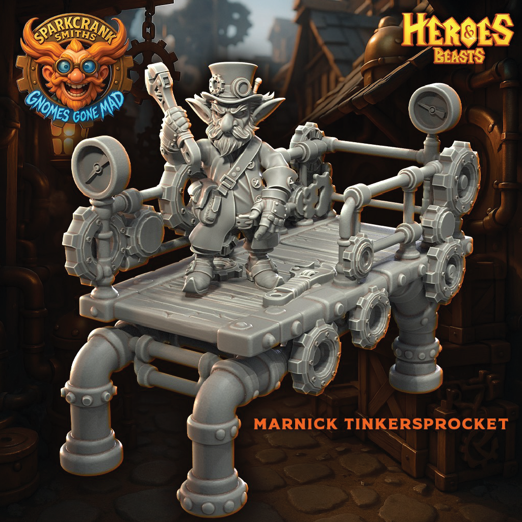 Steampunk-themed figurine with intricate machinery and 'Heroes & Beasts' branding.