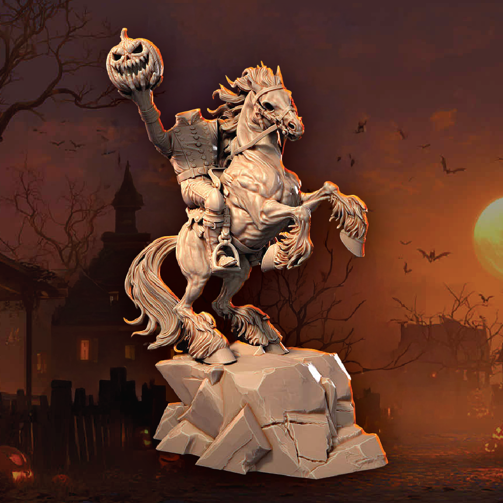 Renders of the Headless Horseman in miniature and bust formats
