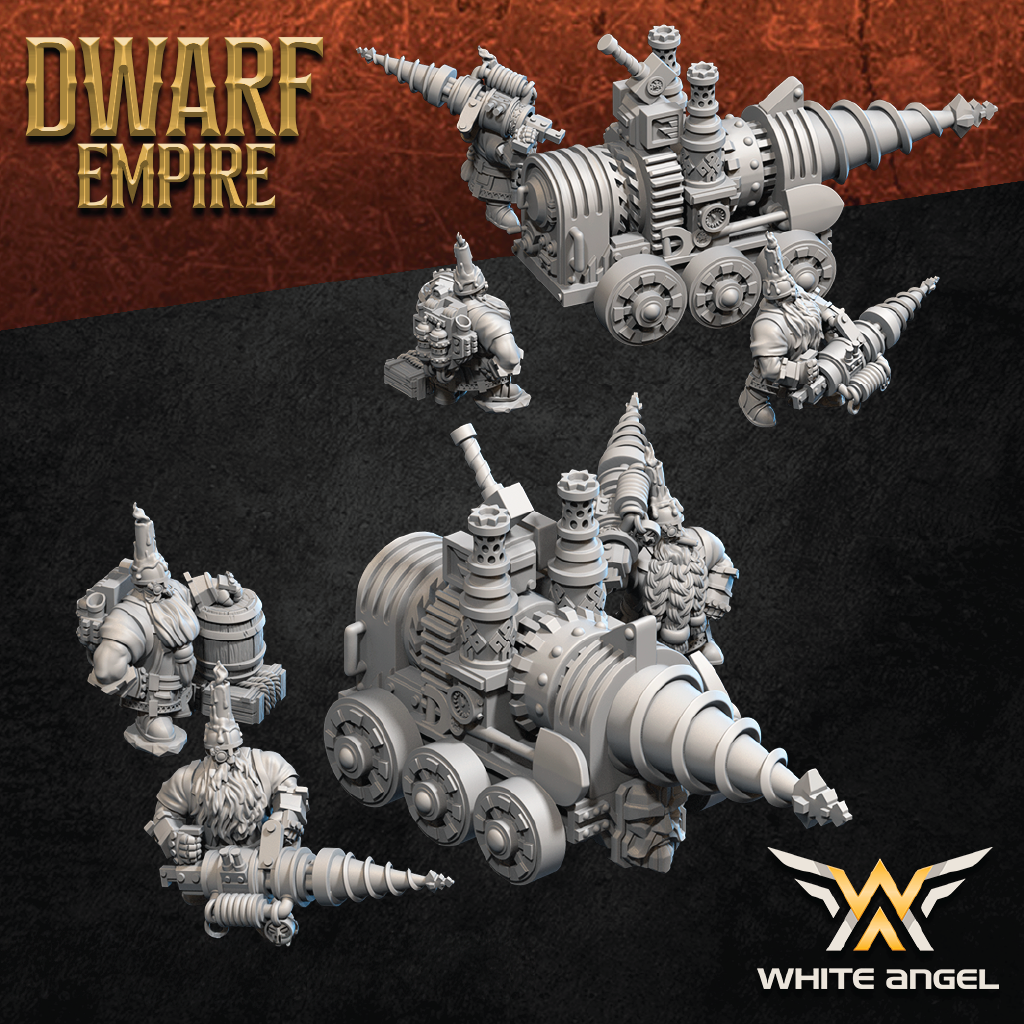 Toy soldiers and vehicle models with 'Dwarf Empire' text and 'White Angel' logo on a dark background.