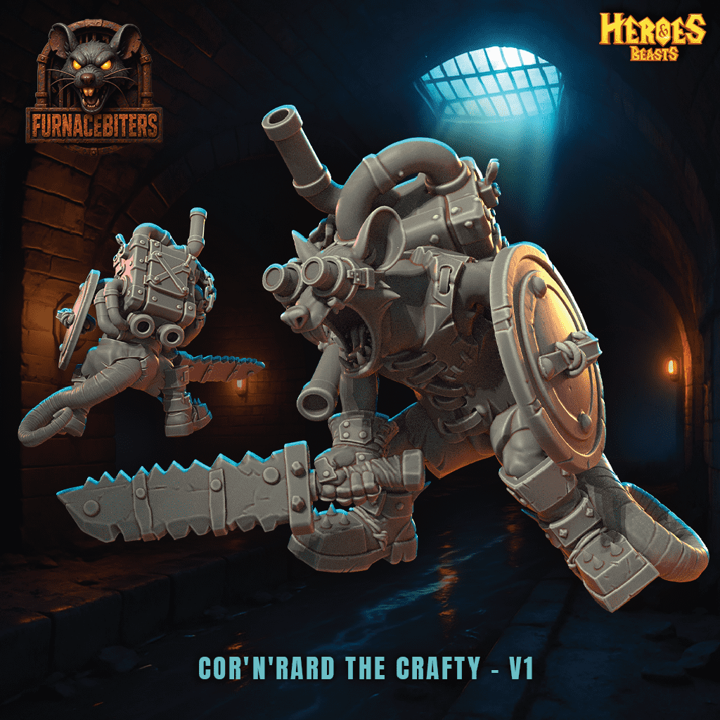 A steampunk ratkin wielding a ragged sword and shield