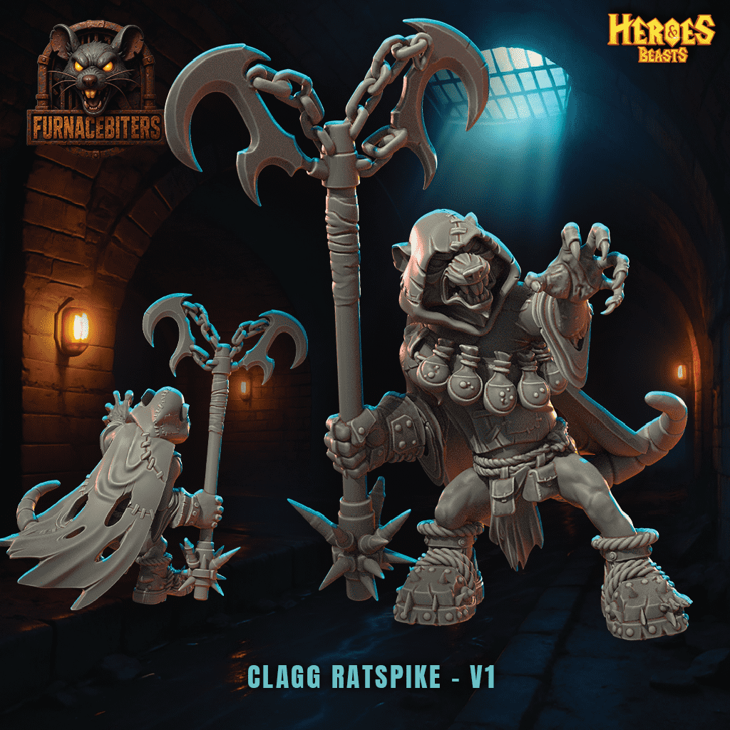 Fantasy figurine with a large weapon in a dark, stone-lit setting with 'Heroes & Beasts' branding.
