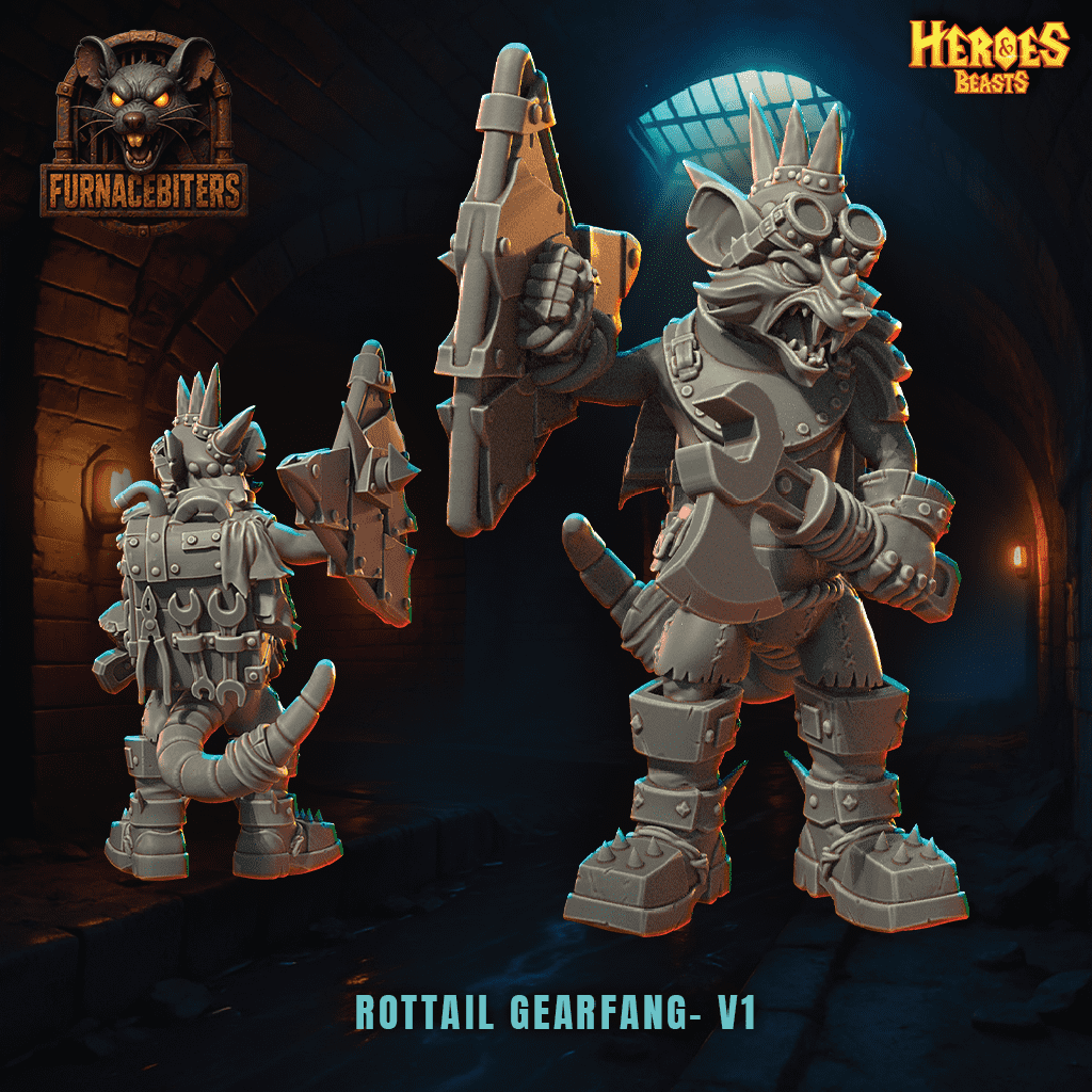 Three fantasy creature figurines with 'Furnacebiters' and 'Heroes & Beasts' branding on a dark background.