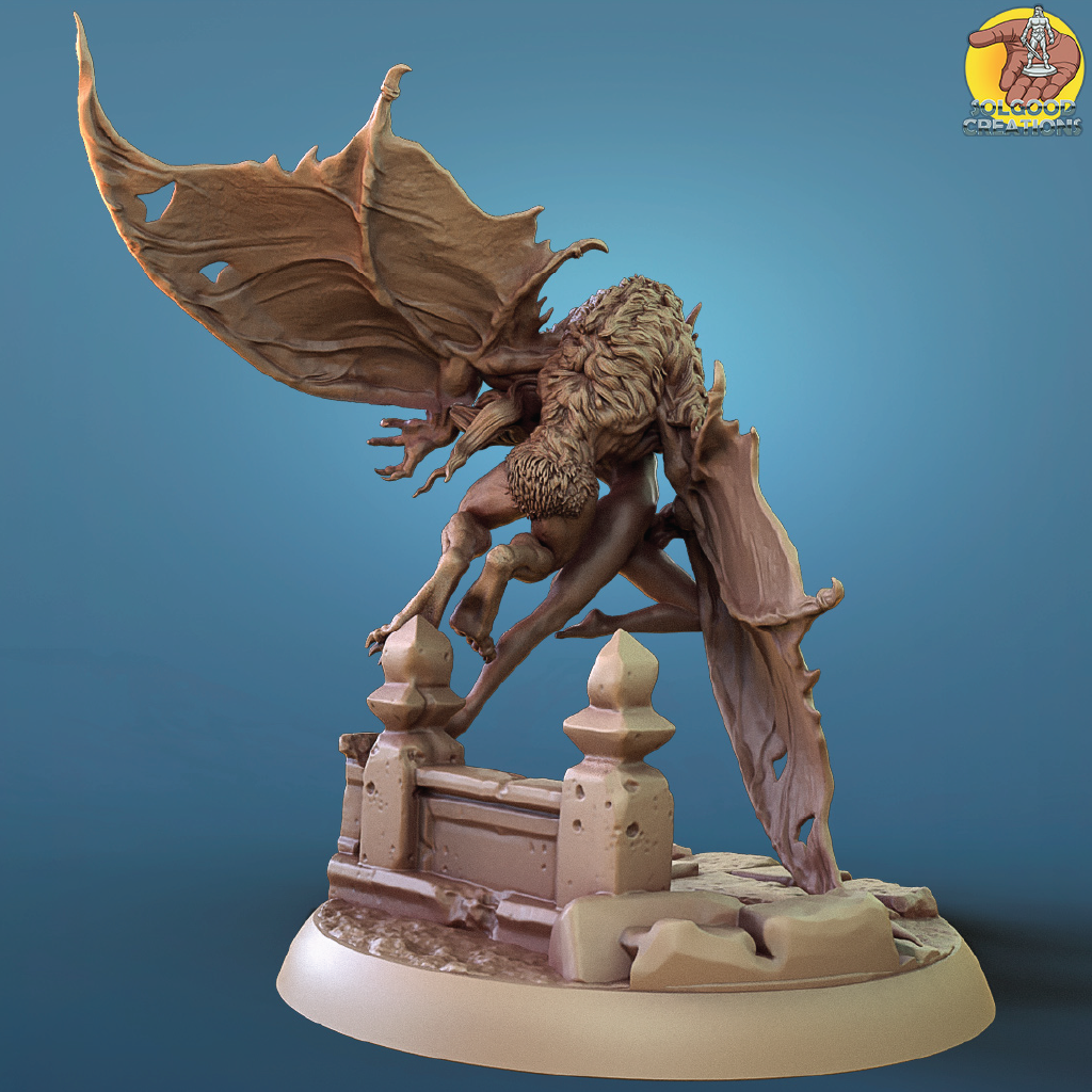 Fantasy creature figurine with wings on a blue background