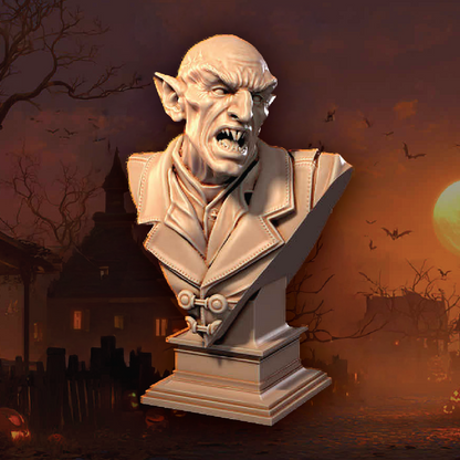 Bust of a gothic figure against a spooky sunset with bats and a house in the background