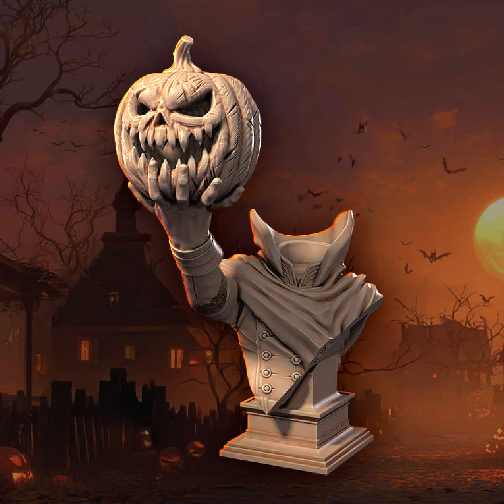 Renders of the Headless Horseman in miniature and bust formats