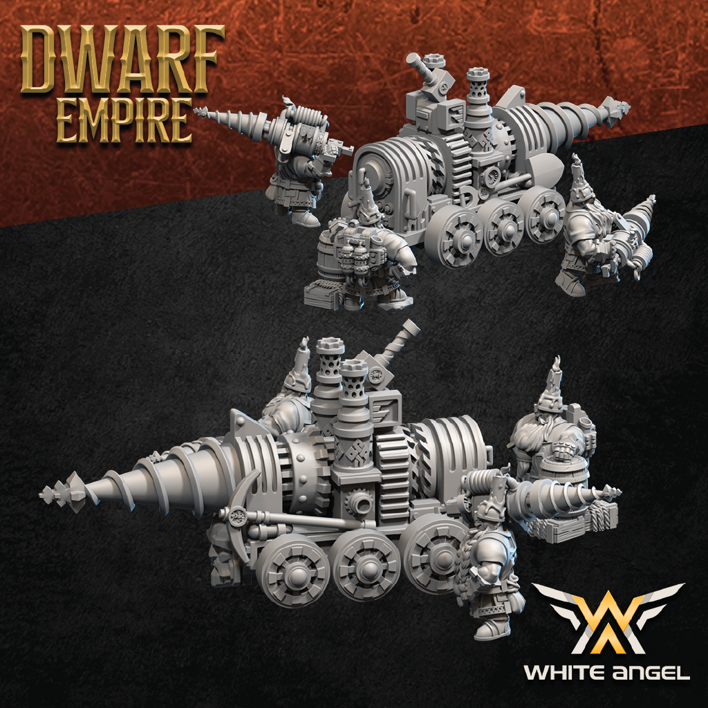 Mechanical dwarf figures with 'Dwarf Empire' text and White Angel logo on a dark background