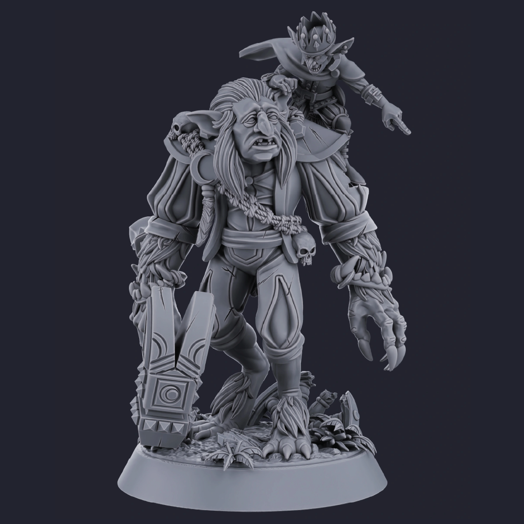 Gray-scale figurine of a warrior with a smaller figure on its back, on a dark background