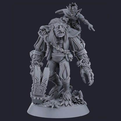 Gray-scale figurine of a warrior with a smaller figure on its back, on a dark background