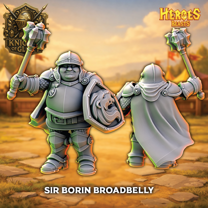 Animated characters in armor with spears, labeled 'Sir Borin Broadbelly', from 'Knights of Glorfindel' game.