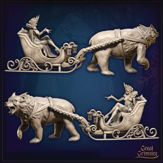 A render of an Ice Queen seated in a sleigh being pulled by an armored polar bear.