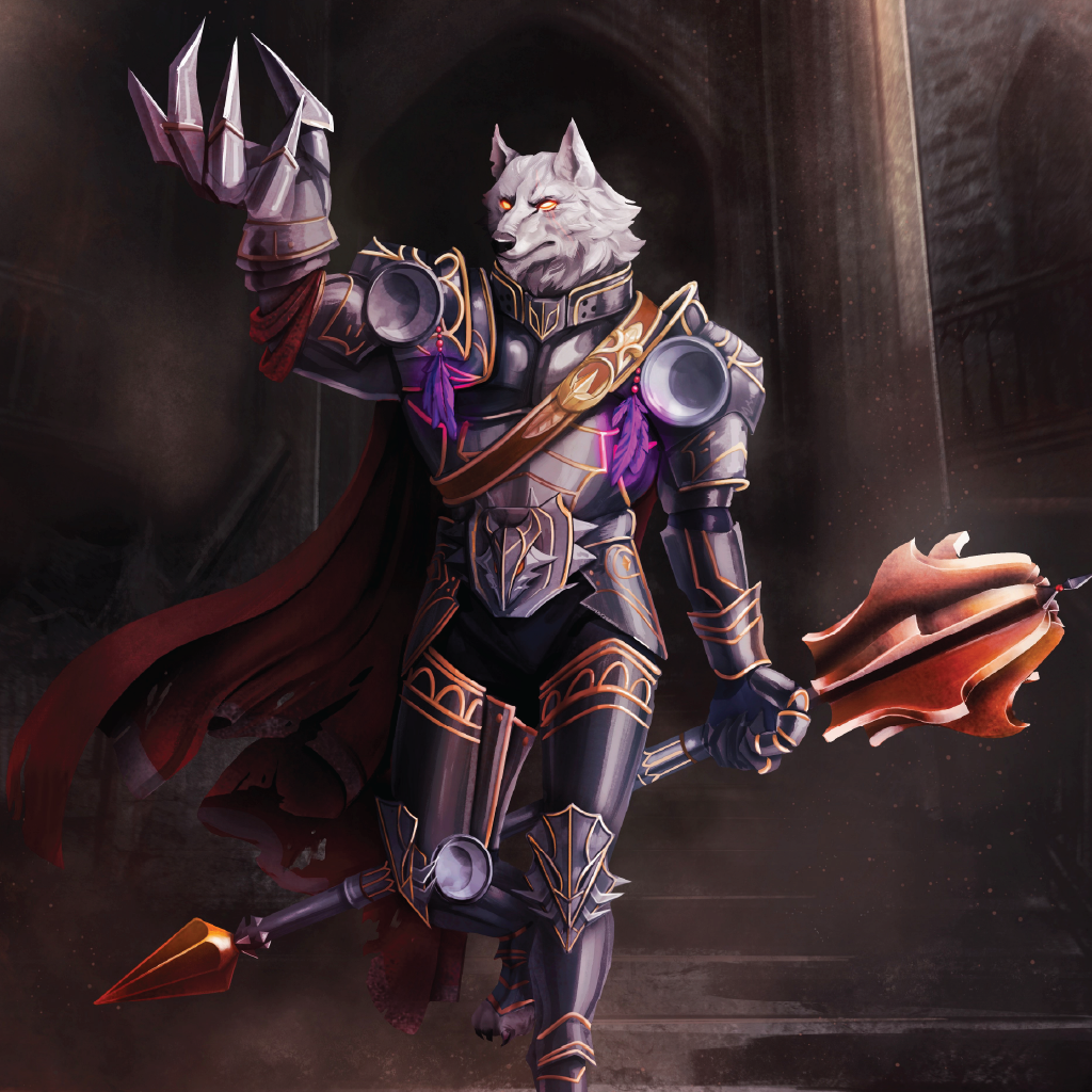 Fantasy character in armor holding a weapon against a dark background
