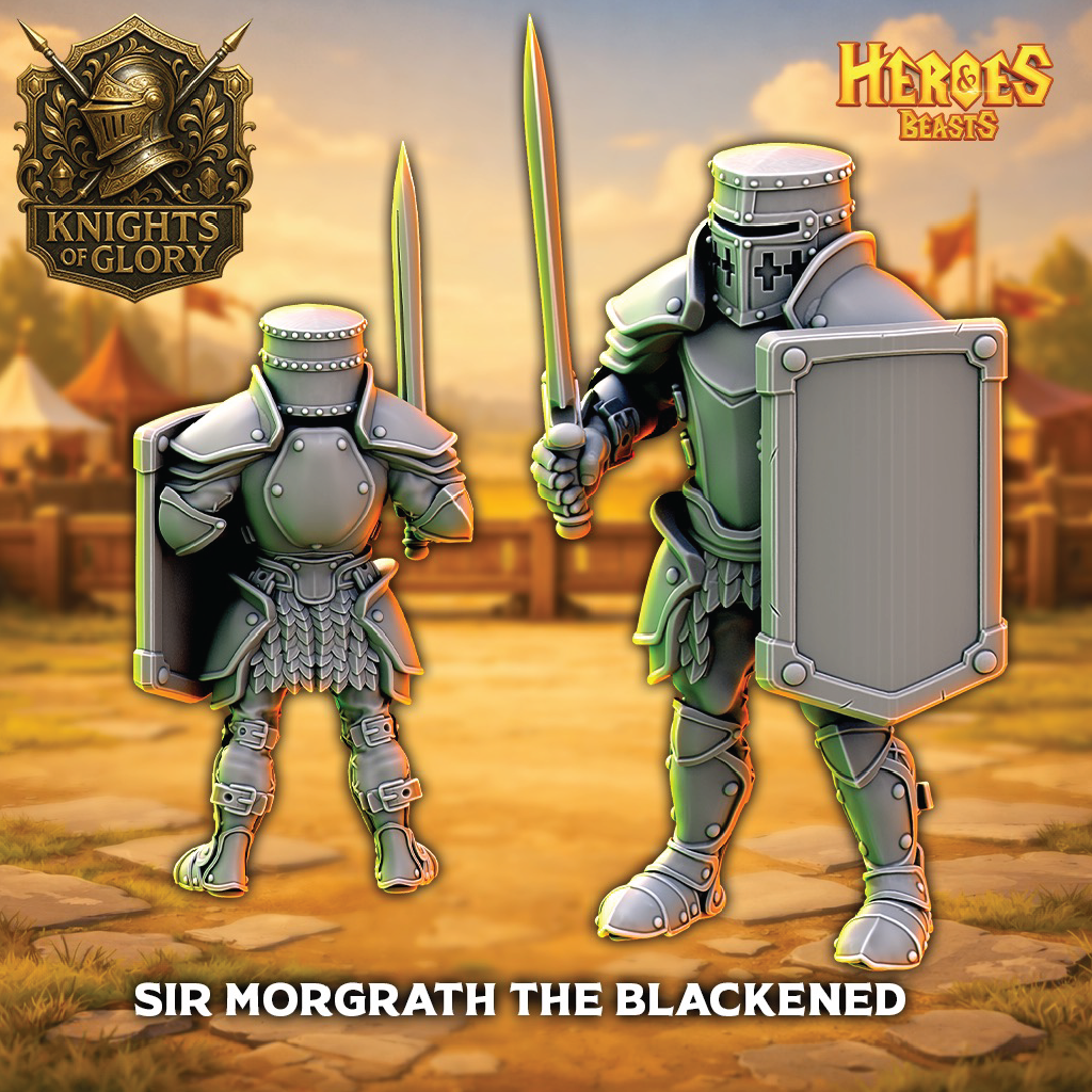 Two armored characters with swords and shields, labeled 'Sir Morgrath the Blackened', on a 'Knights of Glory' background.