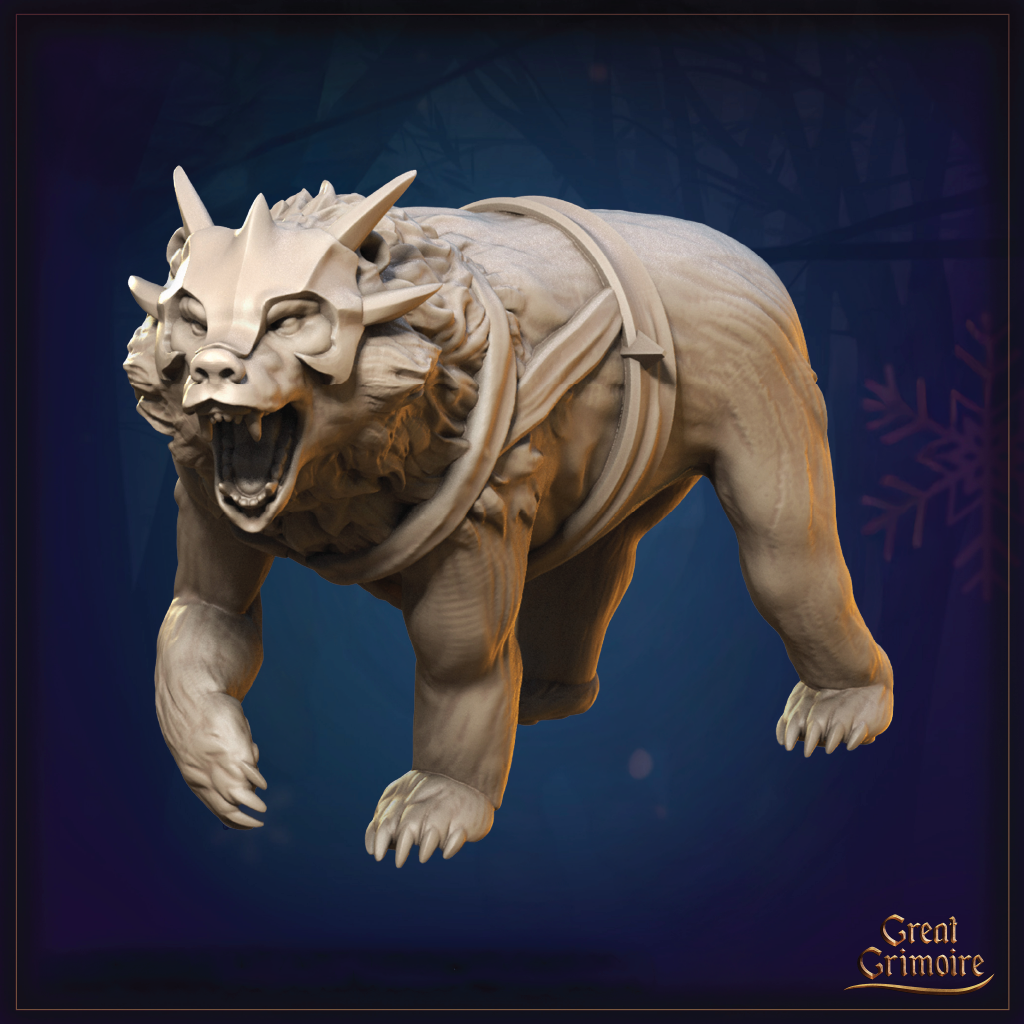 A polar bear miniature wearing a skull cap and leather bands.