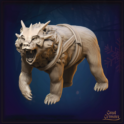 A polar bear miniature wearing a skull cap and leather bands.