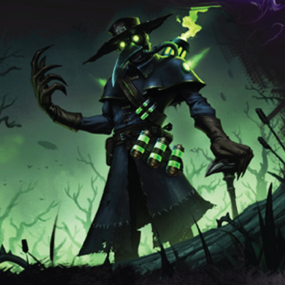 Dark fantasy character with glowing green eyes and weapons in a eerie landscape