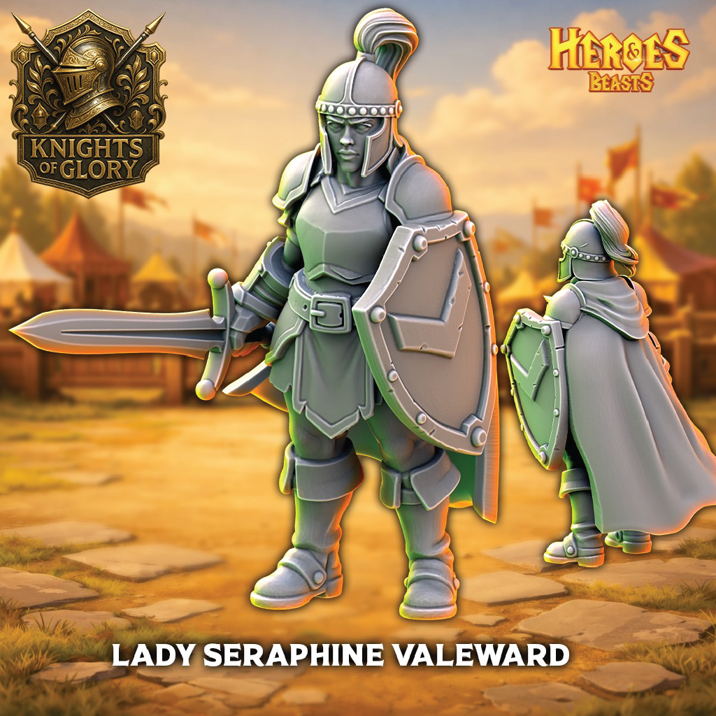 Animated character of Lady Seraphine Valeward from 'Knights of Glory' with a castle in the background.