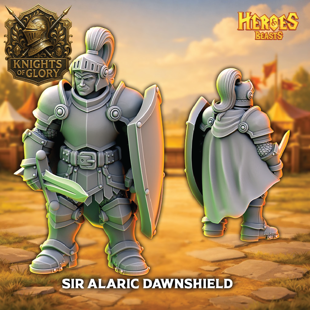 Animated characters from 'Knights of Glory' with armor and weapons on a fantasy landscape background.
