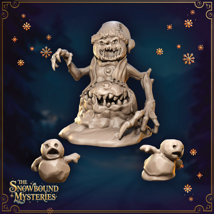 A cursed snowman miniature with small snowman minions.