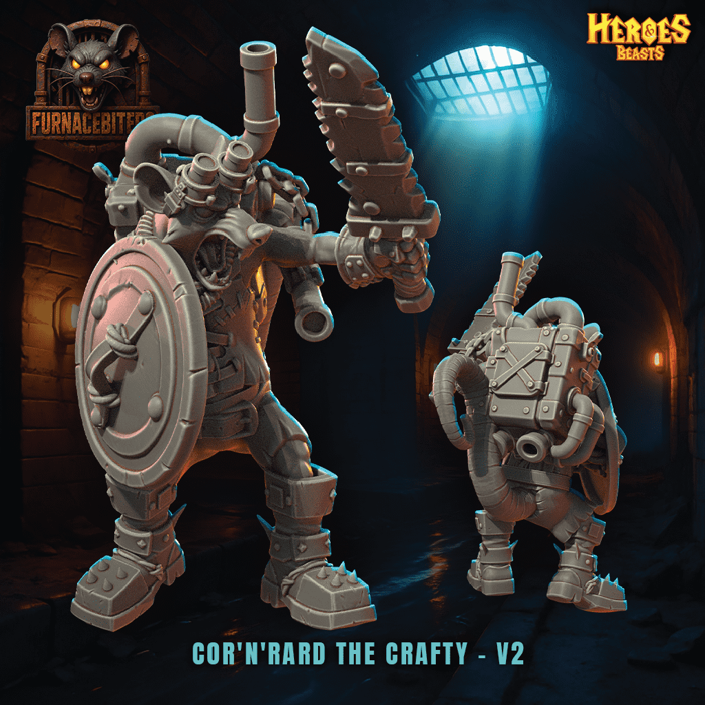 A steampunk ratkin wielding a ragged sword and shield