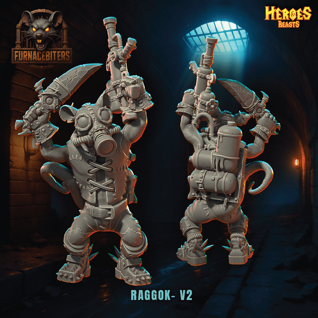 Two stone-like figurines with weapons in a dark, dungeon-like setting with 'Furnace Biters' logo.