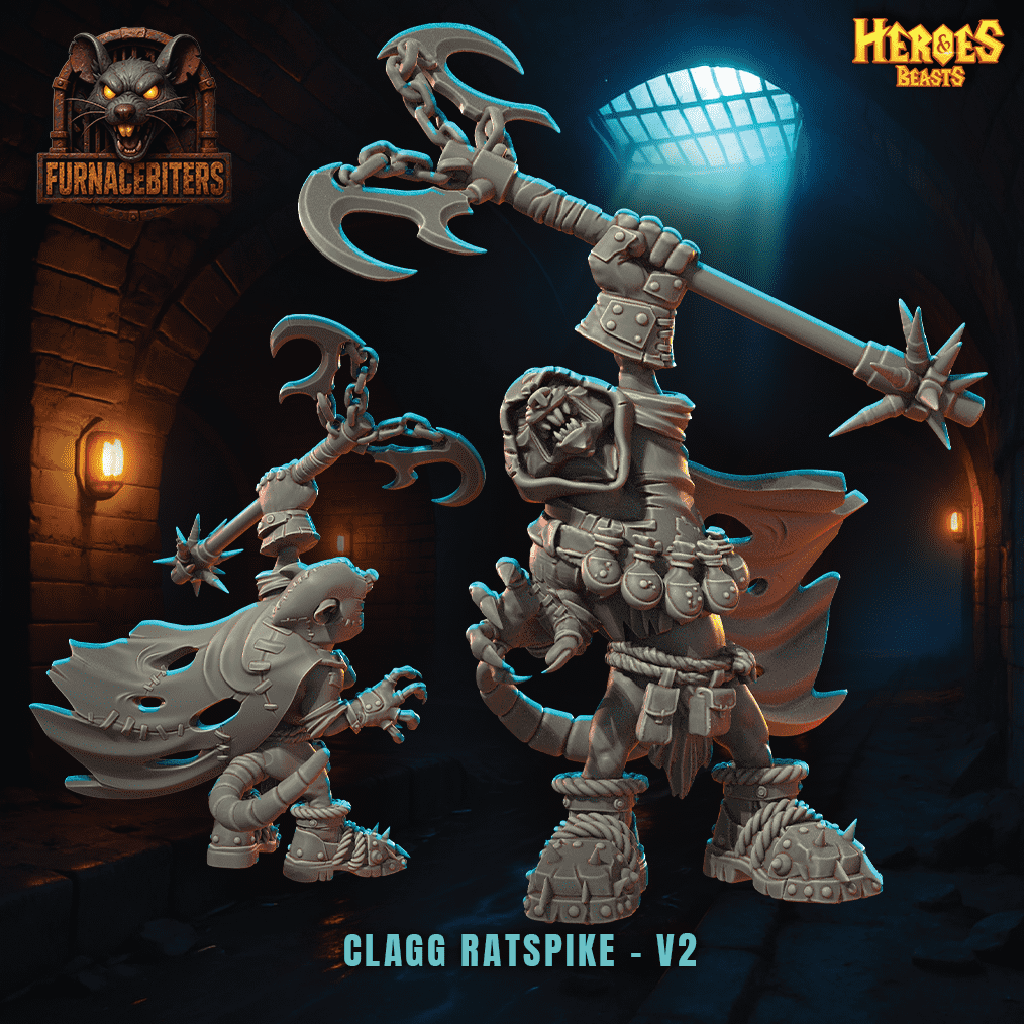 Two fantasy figurines with weapons in a dark, dungeon-like setting with 'Furnacebiters' logo.