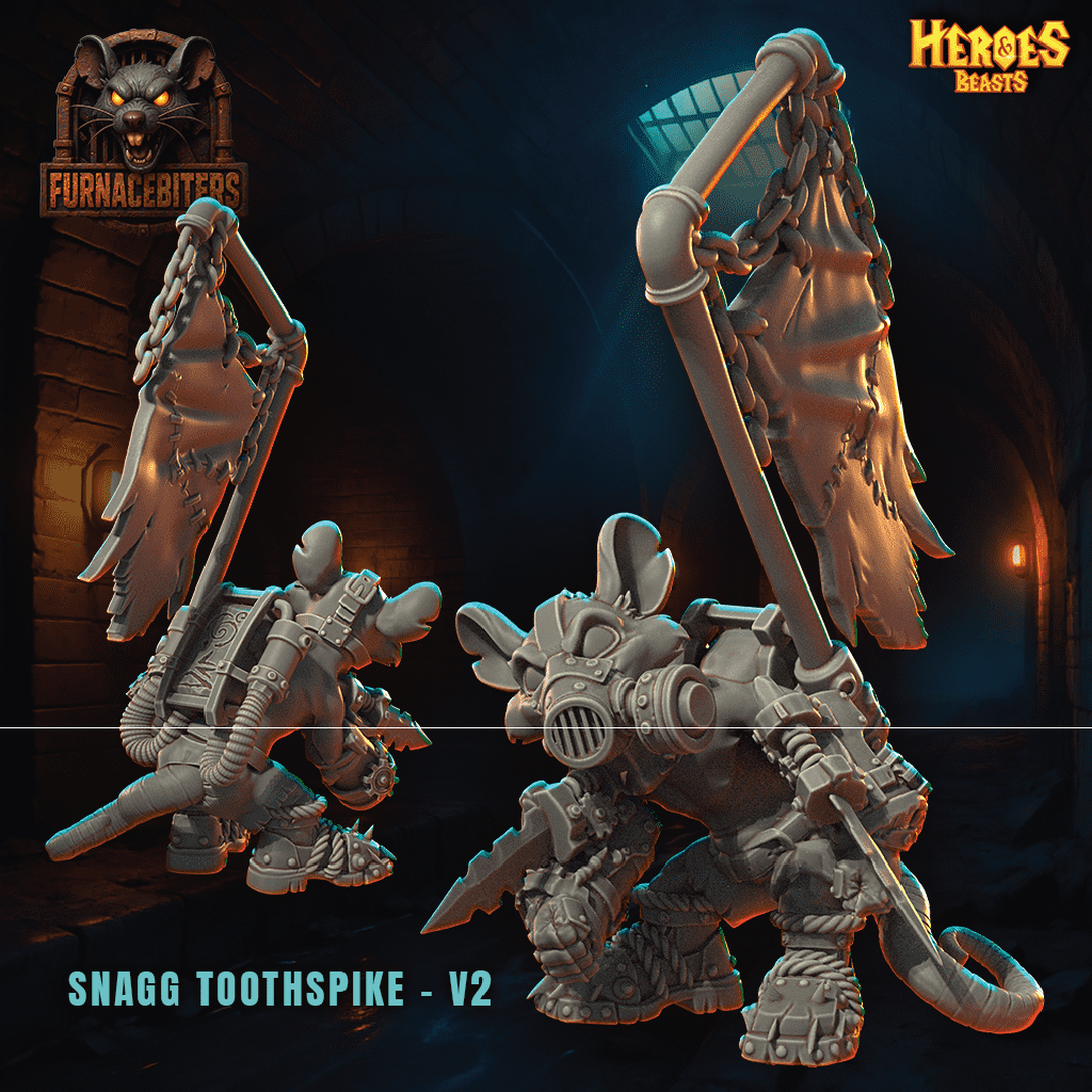 Furnacebiters Snagg Toothspike V2 figurine with a dark background and 'Heroes Beasts' branding.