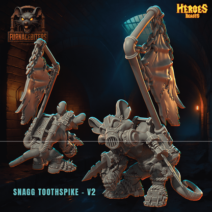 Furnacebiters Snagg Toothspike V2 figurine with a dark background and 'Heroes Beasts' branding.