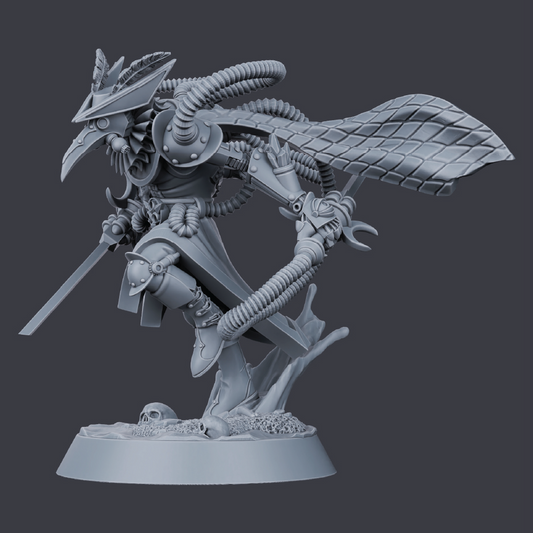 Gray fantasy figurine with detailed armor and weapon on a dark background