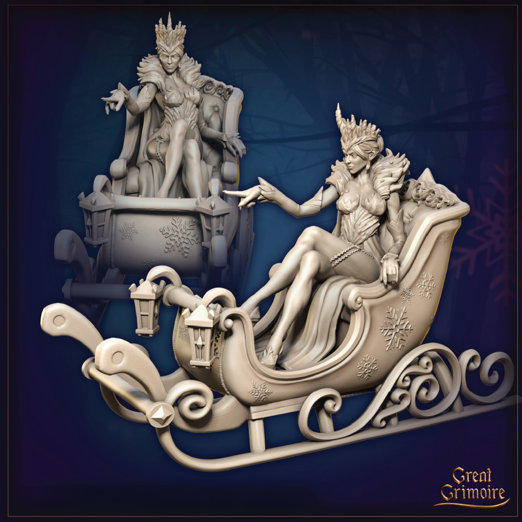 A render of an Ice Queen seated in a sleigh.